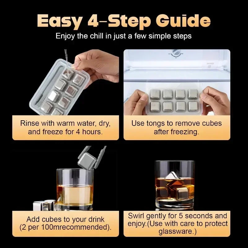 Reusable Stainless Steel Whiskey Stones with Tongs