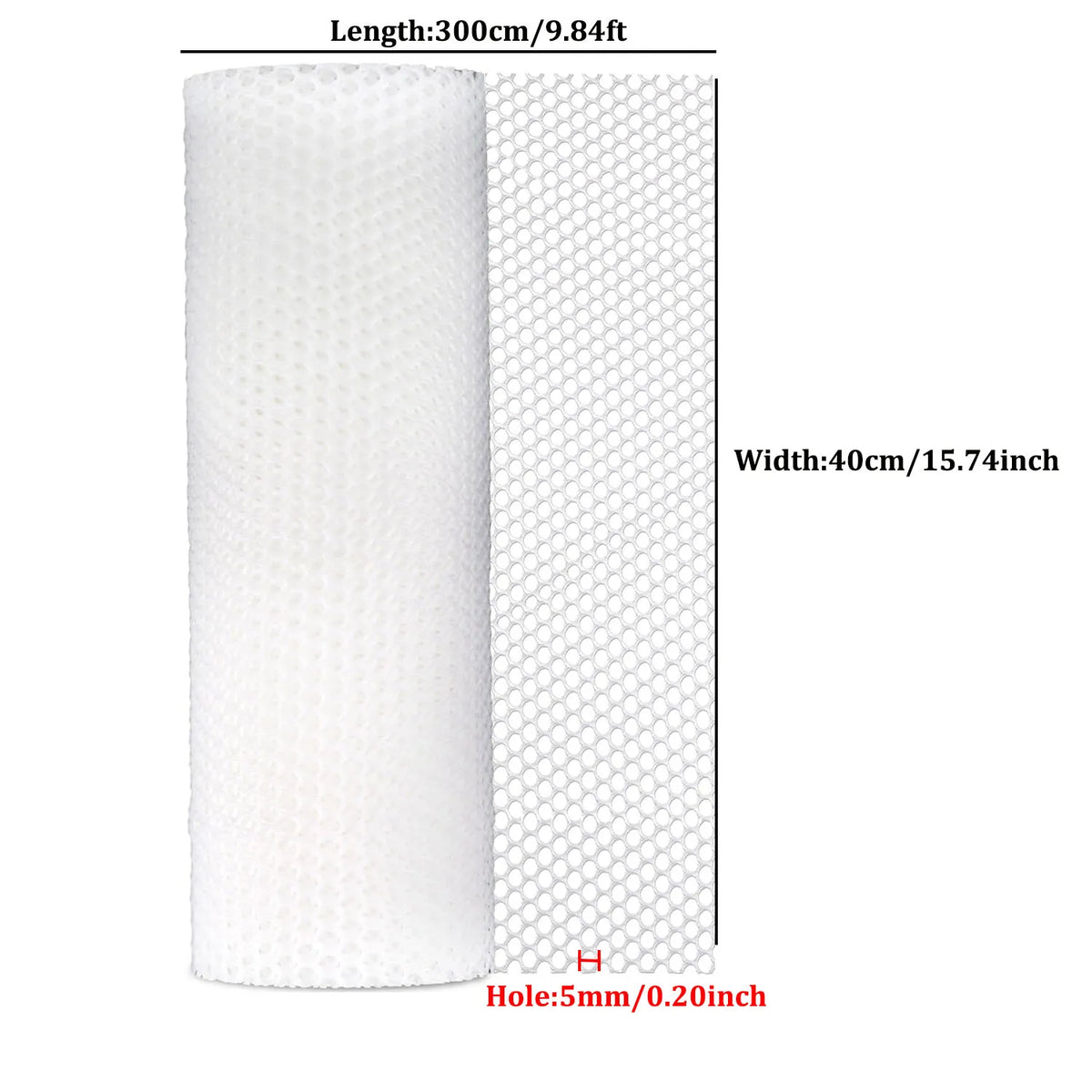 Roll of white plastic wire mesh with 5mm holes, measuring 300cm long and 40cm wide.