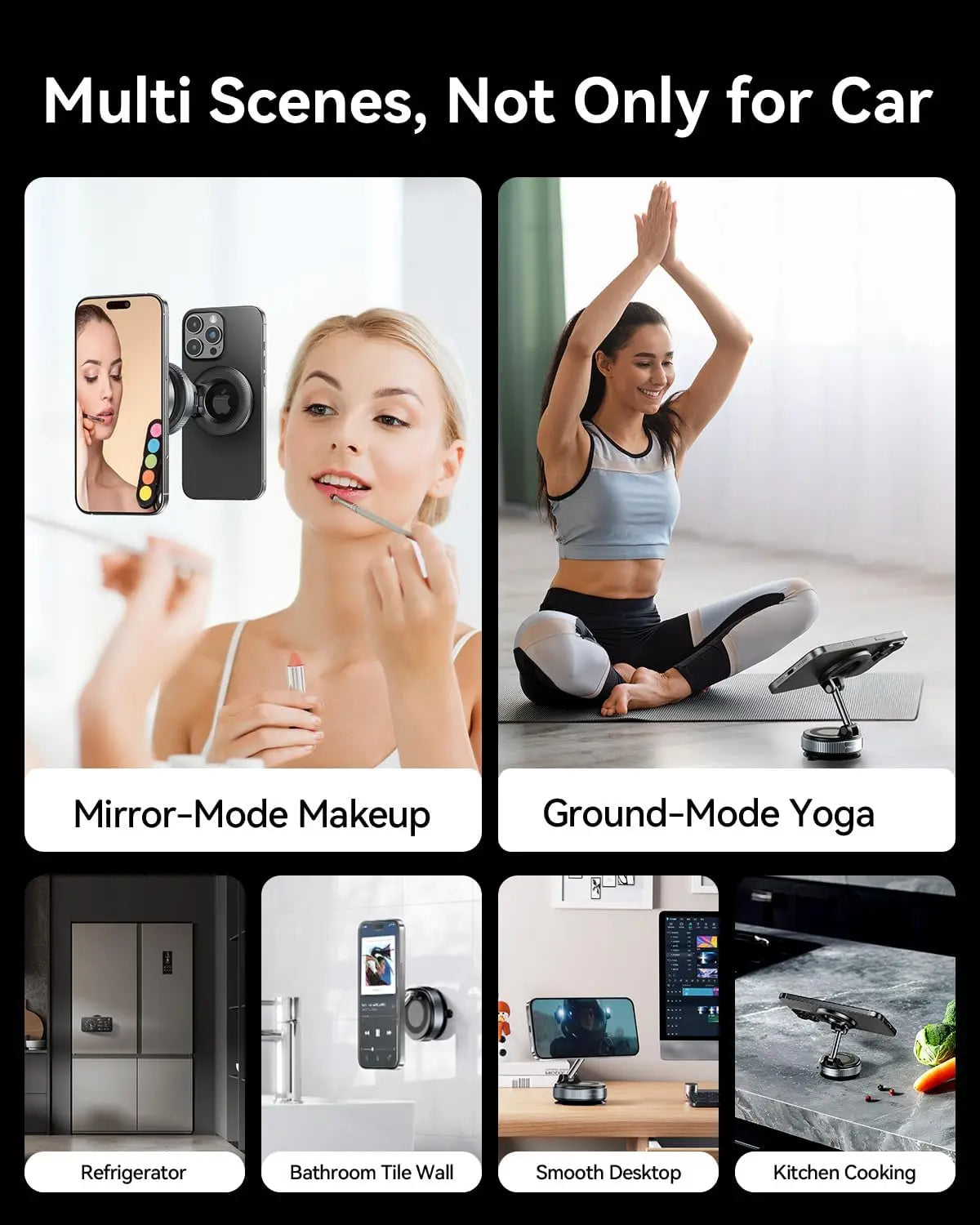 A set of strong magnetic phone holders for various scenes including mirror makeup, ground yoga, and kitchen cooking.