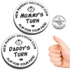 Two novelty decision coins featuring funny messages like Mummy's Turn and Daddy's Turn for new parents