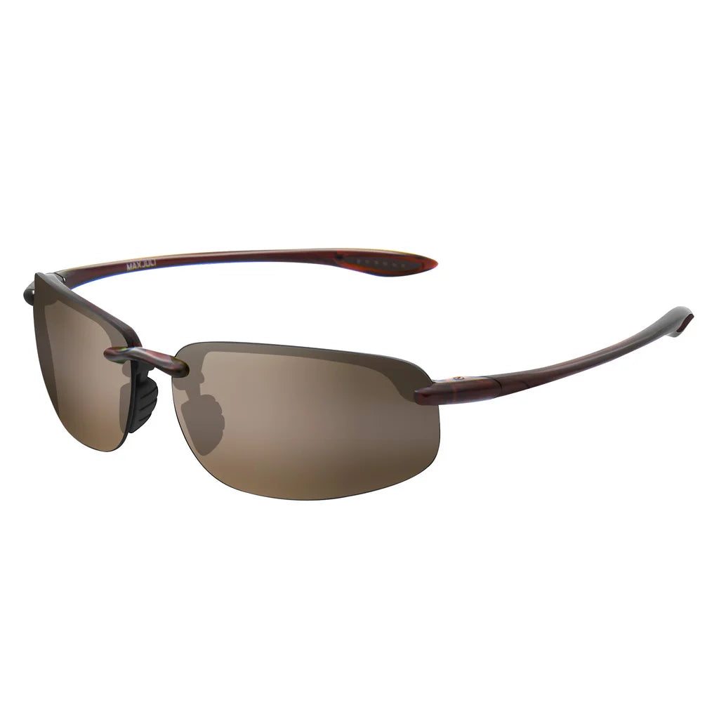 Rimless polarized sports sunglasses with a brown TR90 frame and tinted lenses