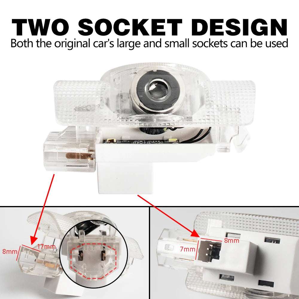 A clear plastic LED car door welcome light featuring two socket designs for use with original car sockets.