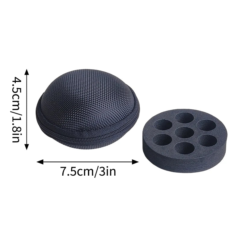 Black portable vial storage case with a textured dome and a flat disc insert.