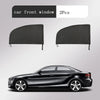 Two black car front window mesh sun shade covers shown next to a black sedan.