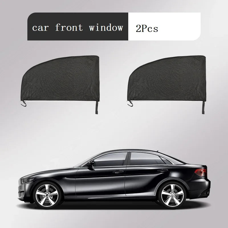 Two black car front window mesh sun shade covers shown next to a black sedan.