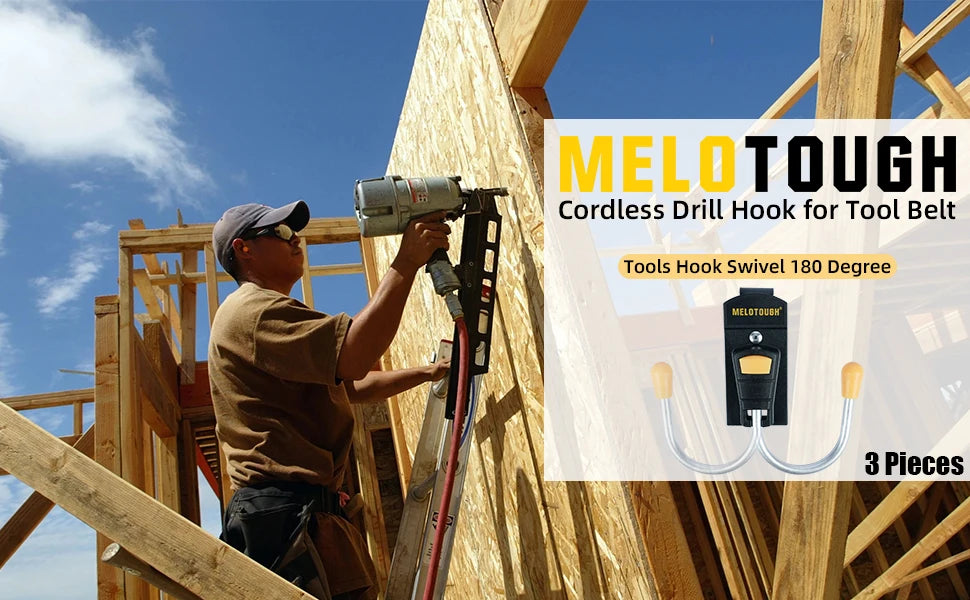 A man is using a MELOTOUGH cordless drill hook for a tool belt in a construction setting.