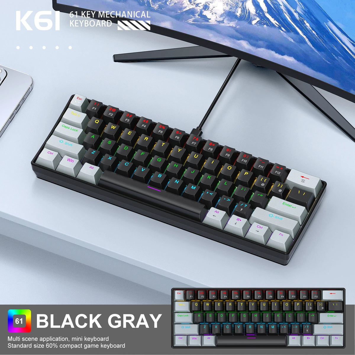 A black gray 61 key mechanical keyboard is shown on a desk next to a computer monitor.