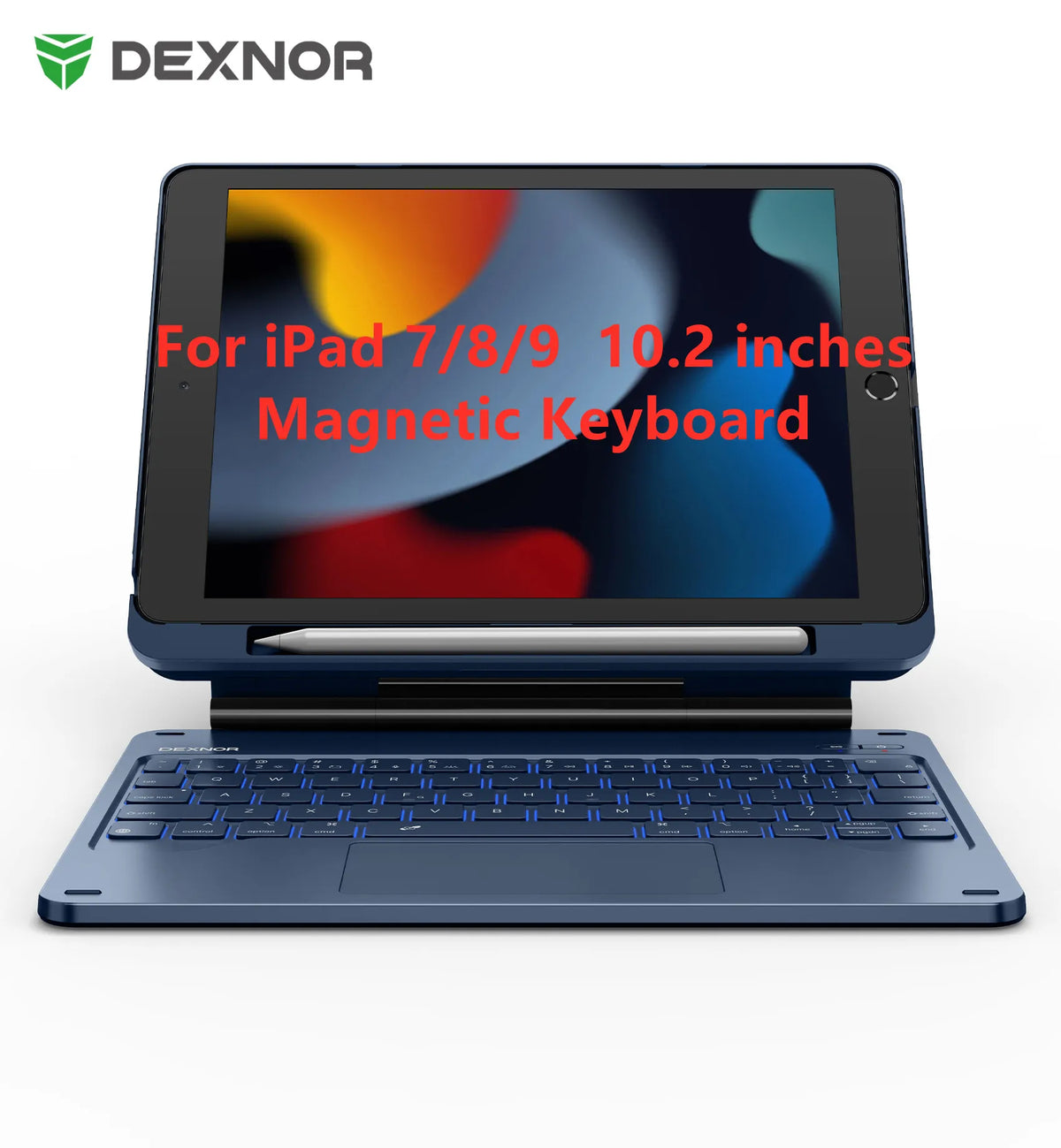 A blue magnetic keyboard case with a trackpad for an iPad 10.2-inch device.