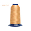 A spool of gold-colored polyester embroidery thread with a blue cap.