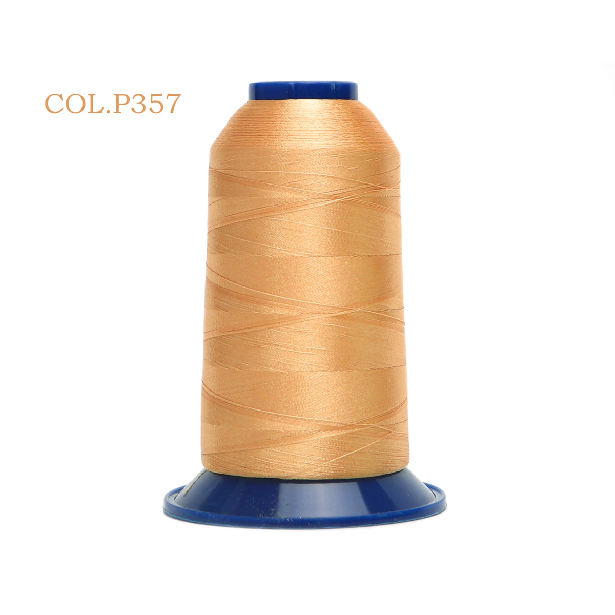 A spool of gold-colored polyester embroidery thread with a blue cap.