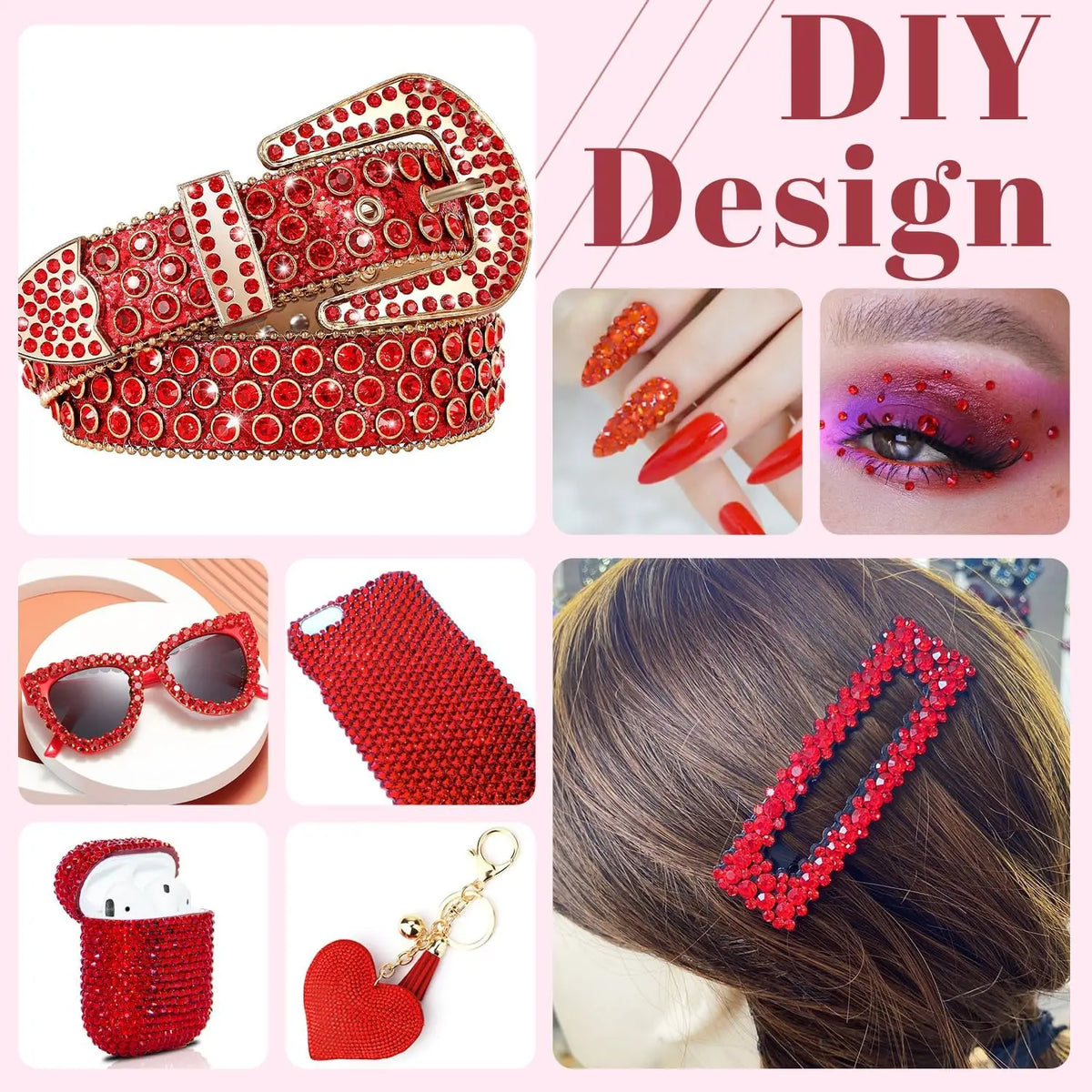 DIY design featuring red rhinestone bracelets, earrings, and hair accessories for craft decoration