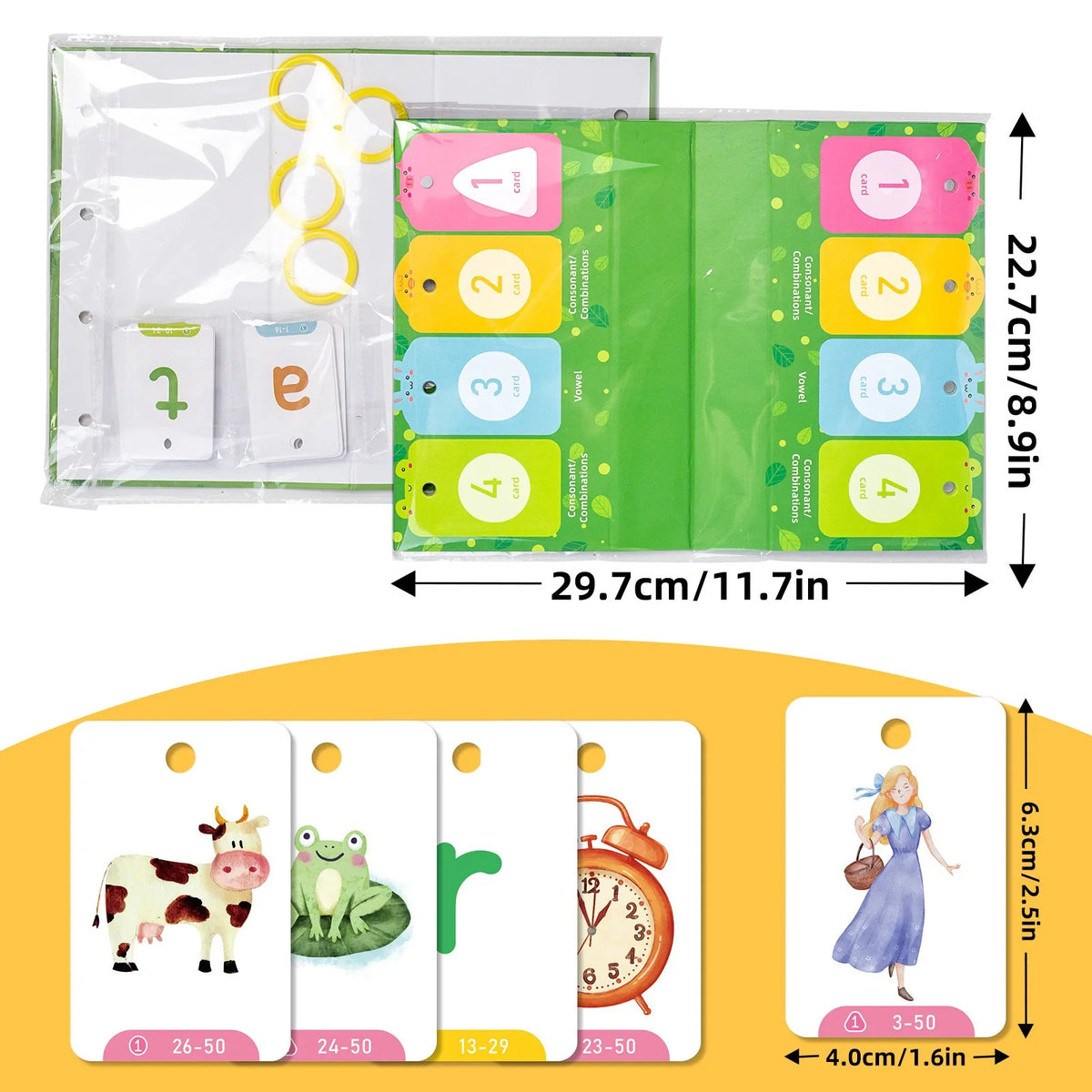 Montessori English Learning flip chart showing numbered cards and a set of individual cards with illustrations.