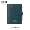 A dark teal leather travel wallet featuring an airplane pattern and RFID protection.