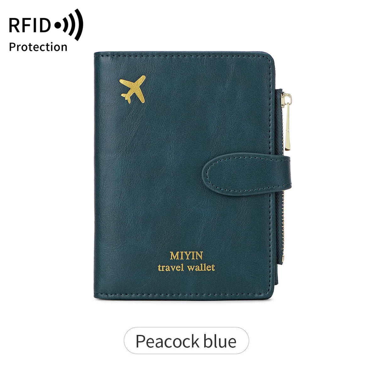 A dark teal leather travel wallet featuring an airplane pattern and RFID protection.