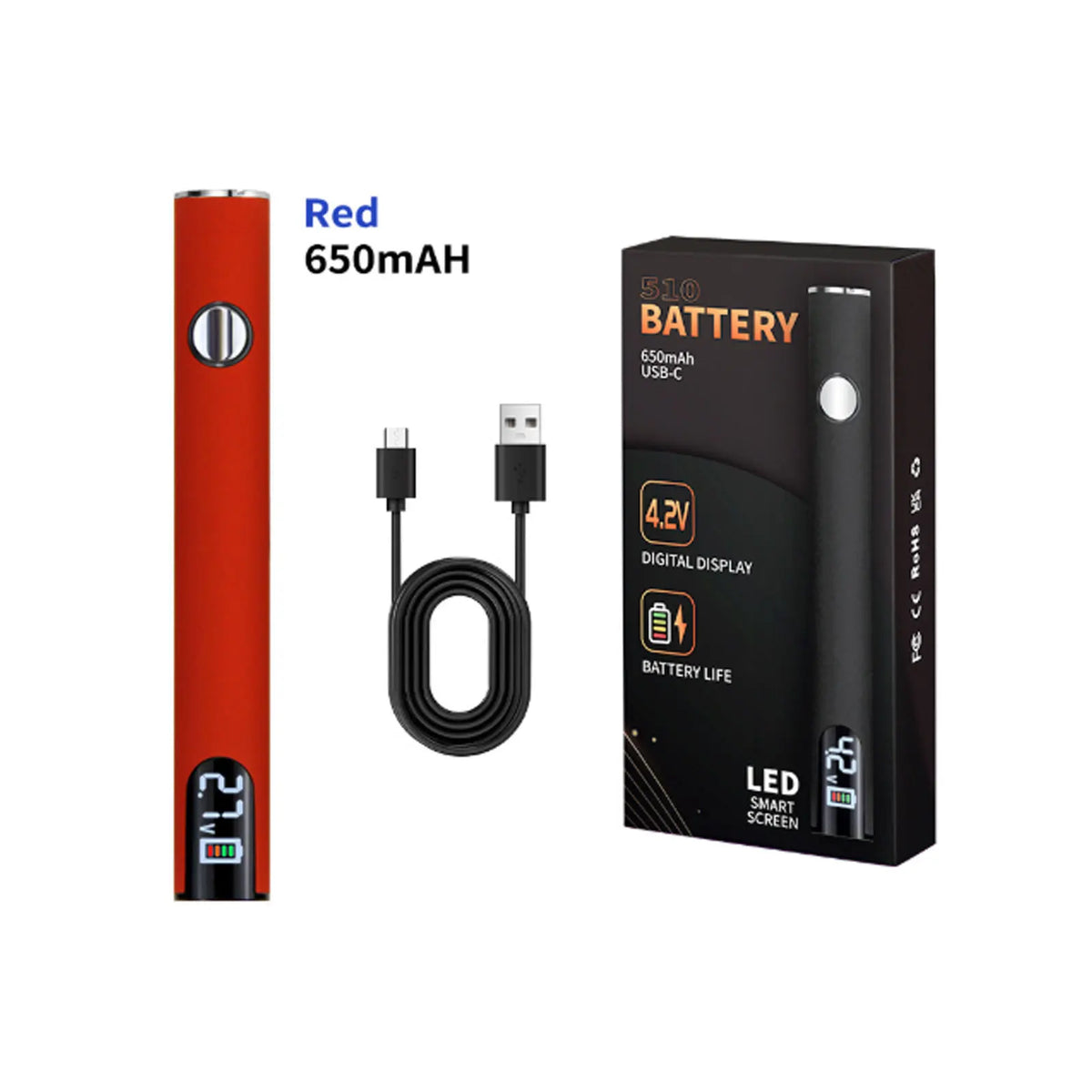 A red 650mAh battery and a soldering iron with a digital display are shown.