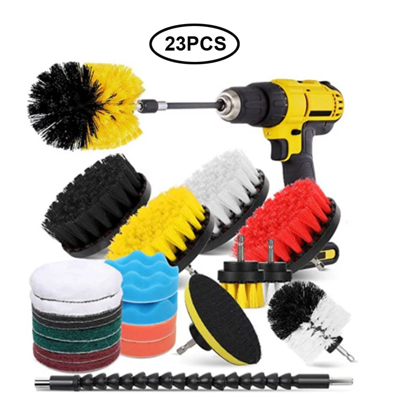 A collection of 23 drill brush cleaning tools including various bristles, foam tips, and extensions for detailing.