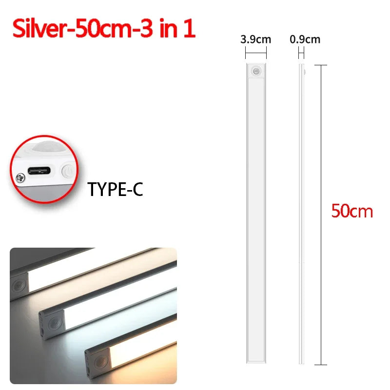 Silver 50cm 3 in 1 rechargeable LED motion sensor light with Type-C connection and adjustable height.