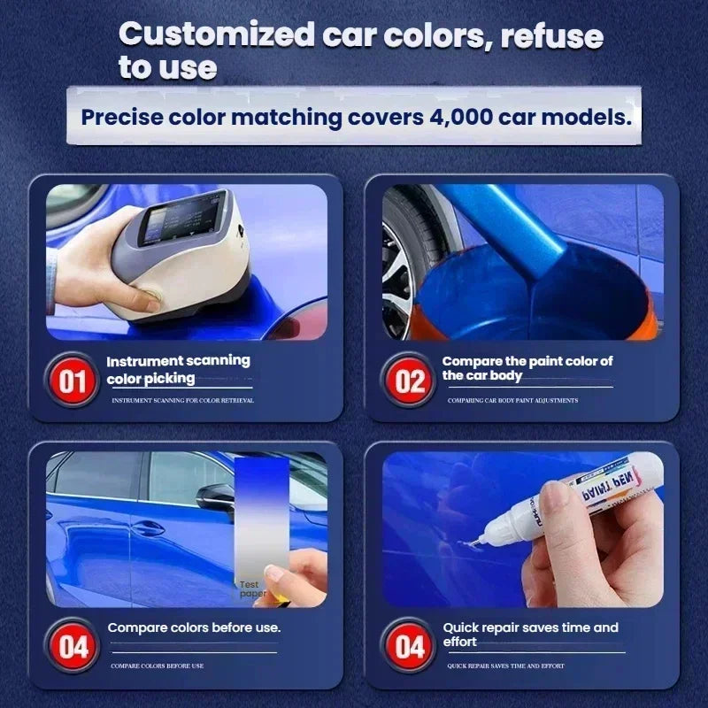A set of tools and paint pens used for customized car color matching and touch-up repairs
