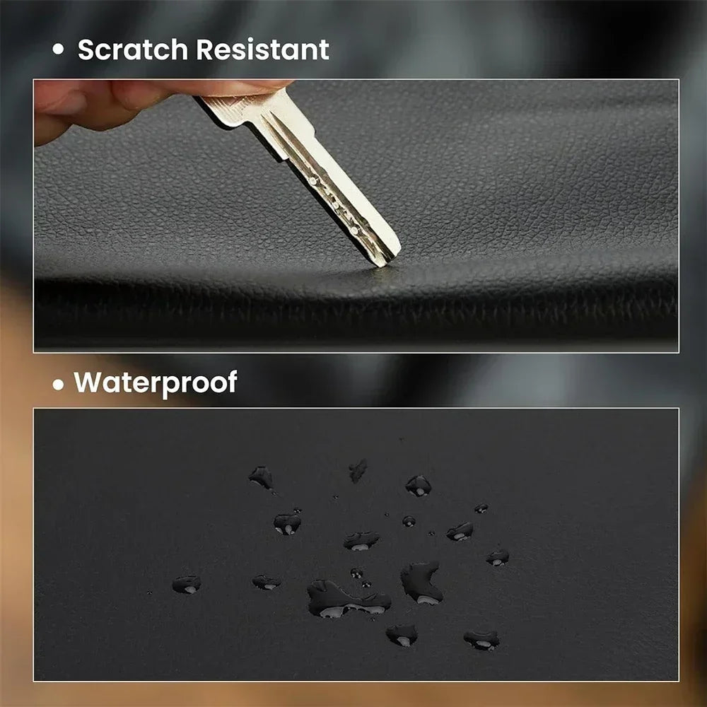 Demonstration of scratch resistant and waterproof properties of self-adhesive leather repair tape.