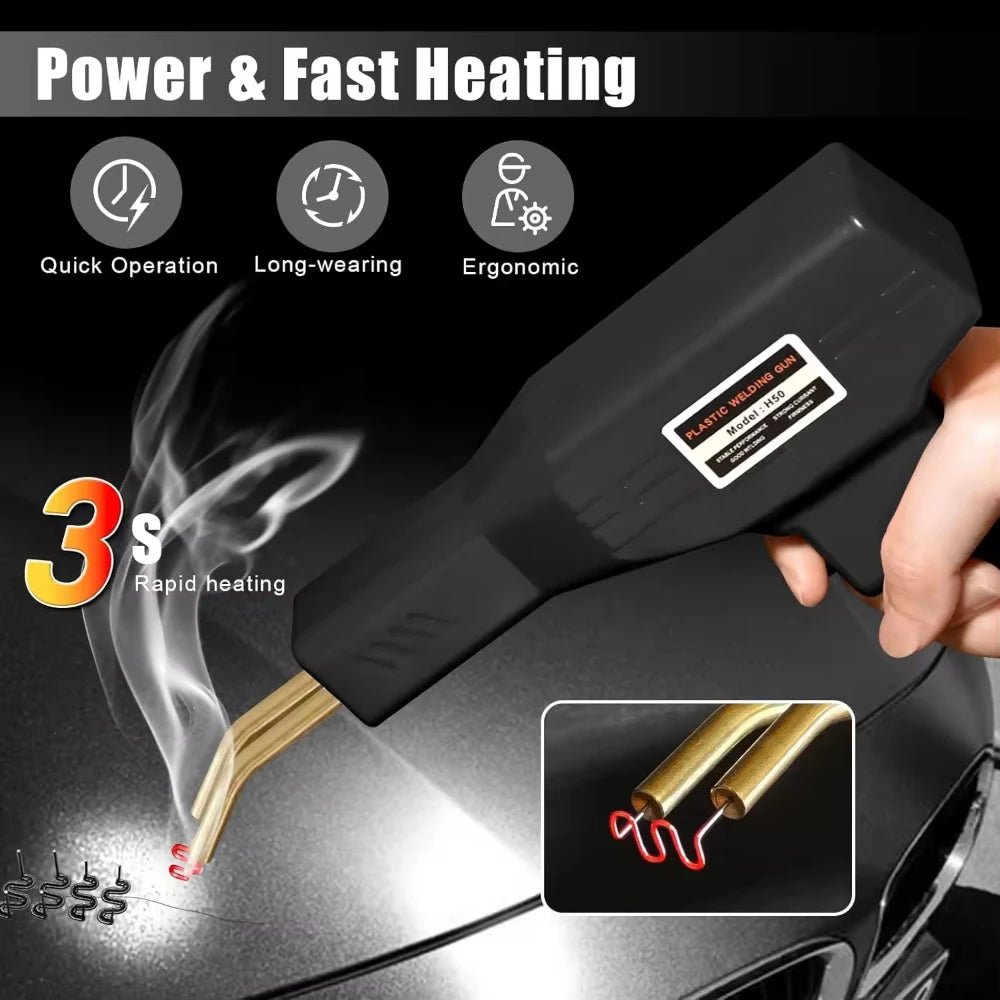 A black plastic welding gun is shown applying heat to a surface, with a close-up of the heated tip.