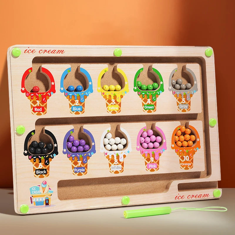 Wooden magnetic color sorting maze board for kids with ice cream shaped compartments in various colors