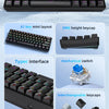A black 61-key mini layout mechanical keyboard showing various features like height keycaps and multiple lighting modes.