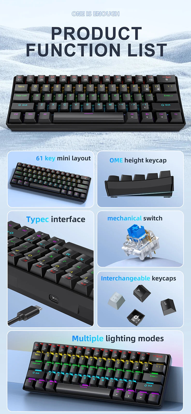 A black 61-key mini layout mechanical keyboard showing various features like height keycaps and multiple lighting modes.