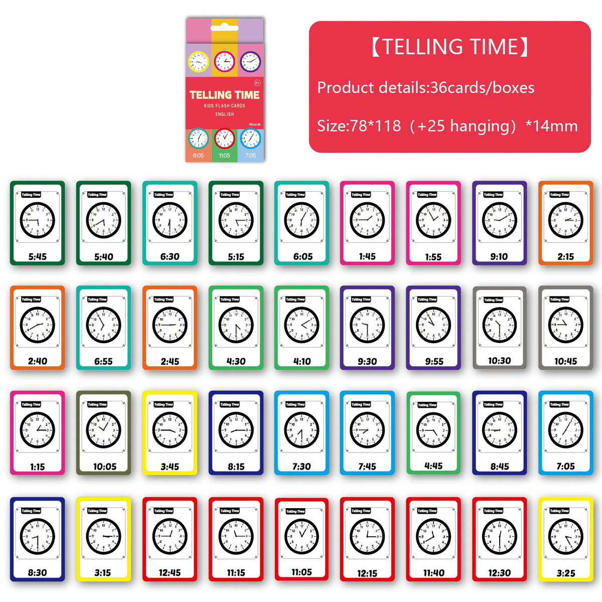 A set of 36 telling time flash cards and boxes for early learning featuring various clock faces.