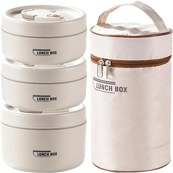 A set of three stackable insulated lunch boxes in white and brown accents.