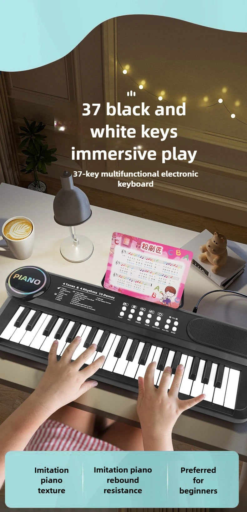 A close-up of a 37-key multifunctional electronic keyboard with black and white keys, used for immersive play.