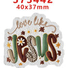 Acrylic hair bow decorations featuring the words love like jesus in brown and green colors