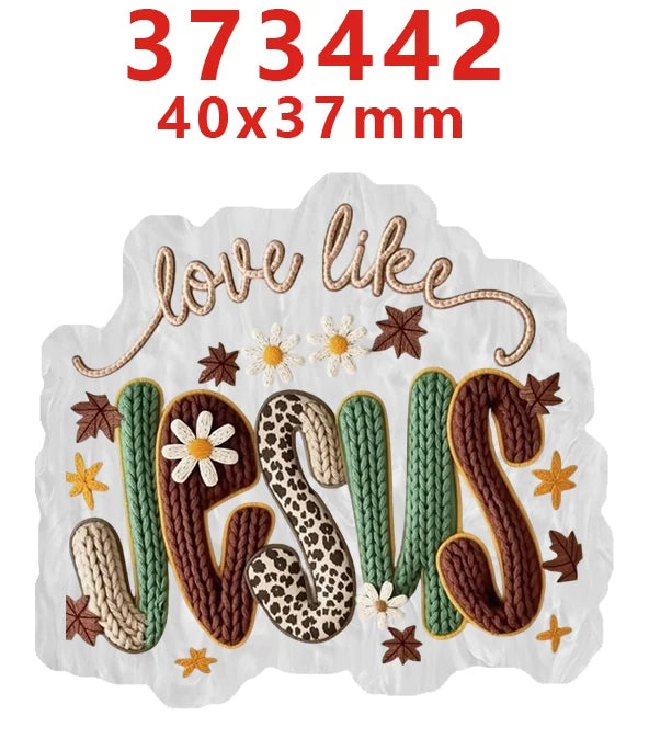 Acrylic hair bow decorations featuring the words love like jesus in brown and green colors