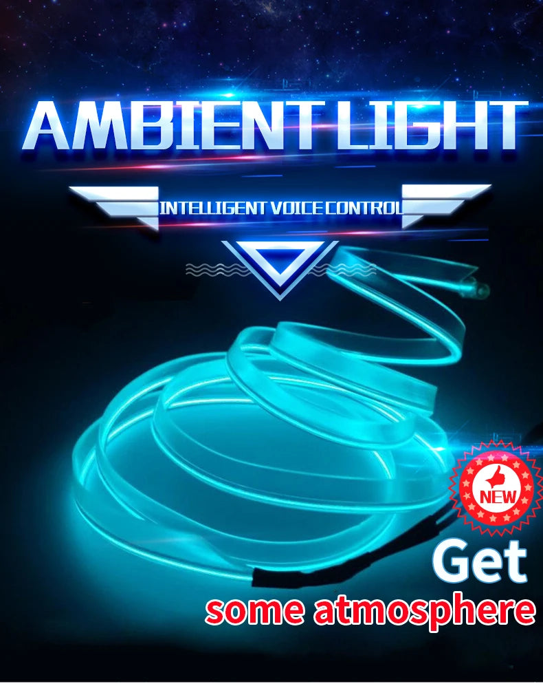 A blue glowing light strip is shown with a control interface, designed to create ambient light.