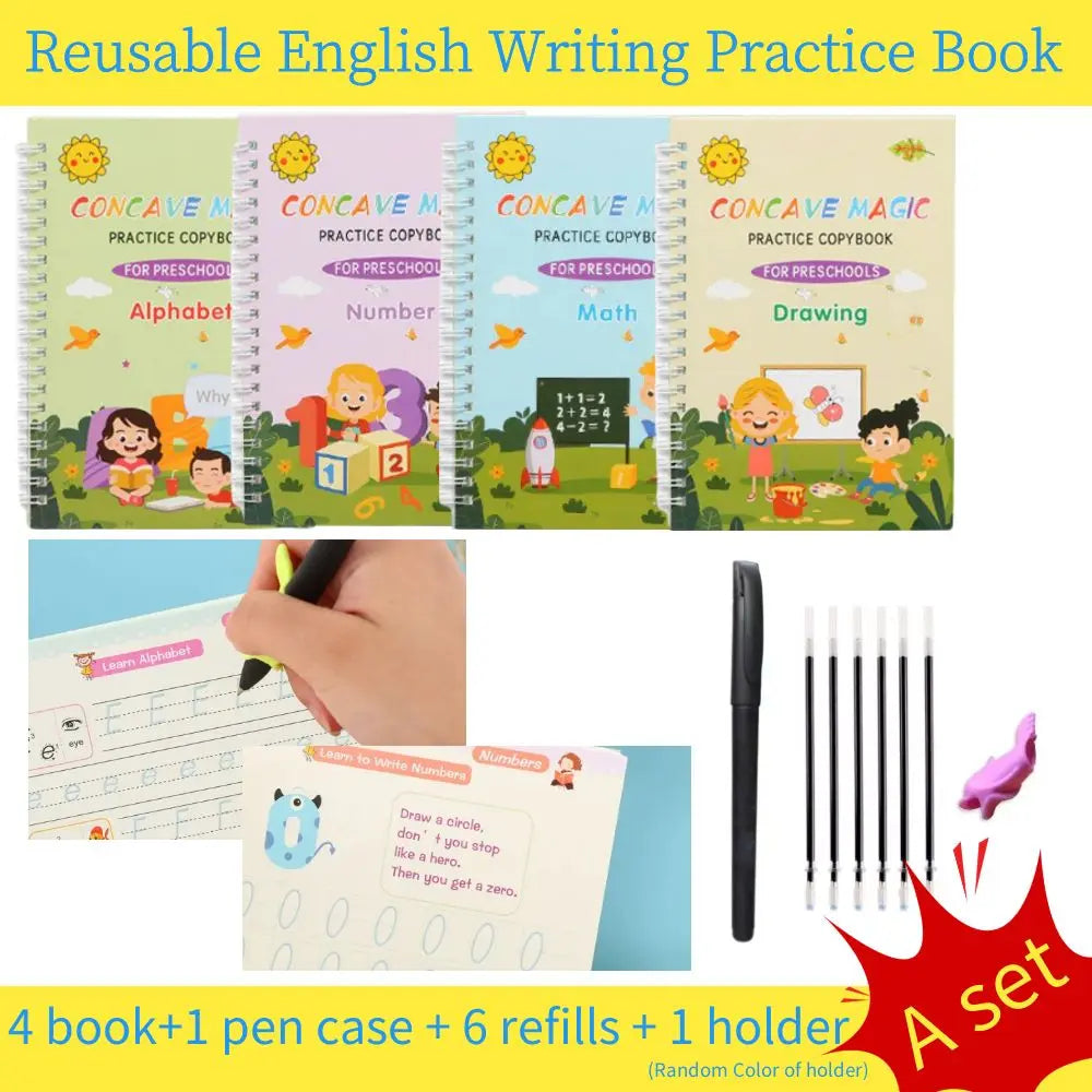 A set of 4 English writing practice books, a pen case, refills, and a holder for kids.