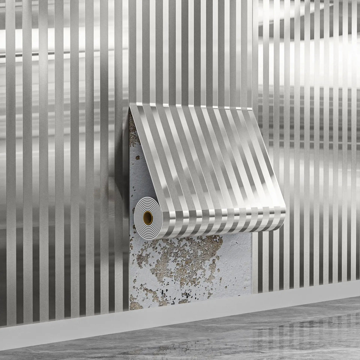 Un rollo de papel tapiz autoadhesivo de rayas tridimensionales moderno montado en una pared a rayas verticales.