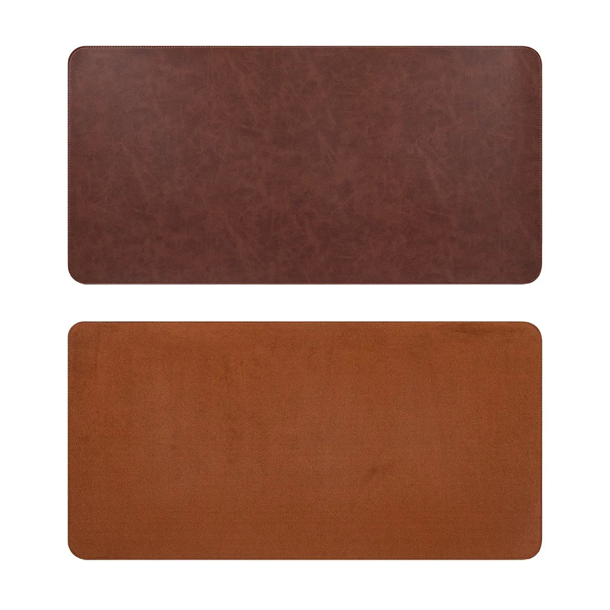 Two rectangular brown leather desk pads, one dark brown and one medium brown.