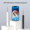 A white and black replacement ear pick is shown next to an iPhone displaying a visual cleaning tool.