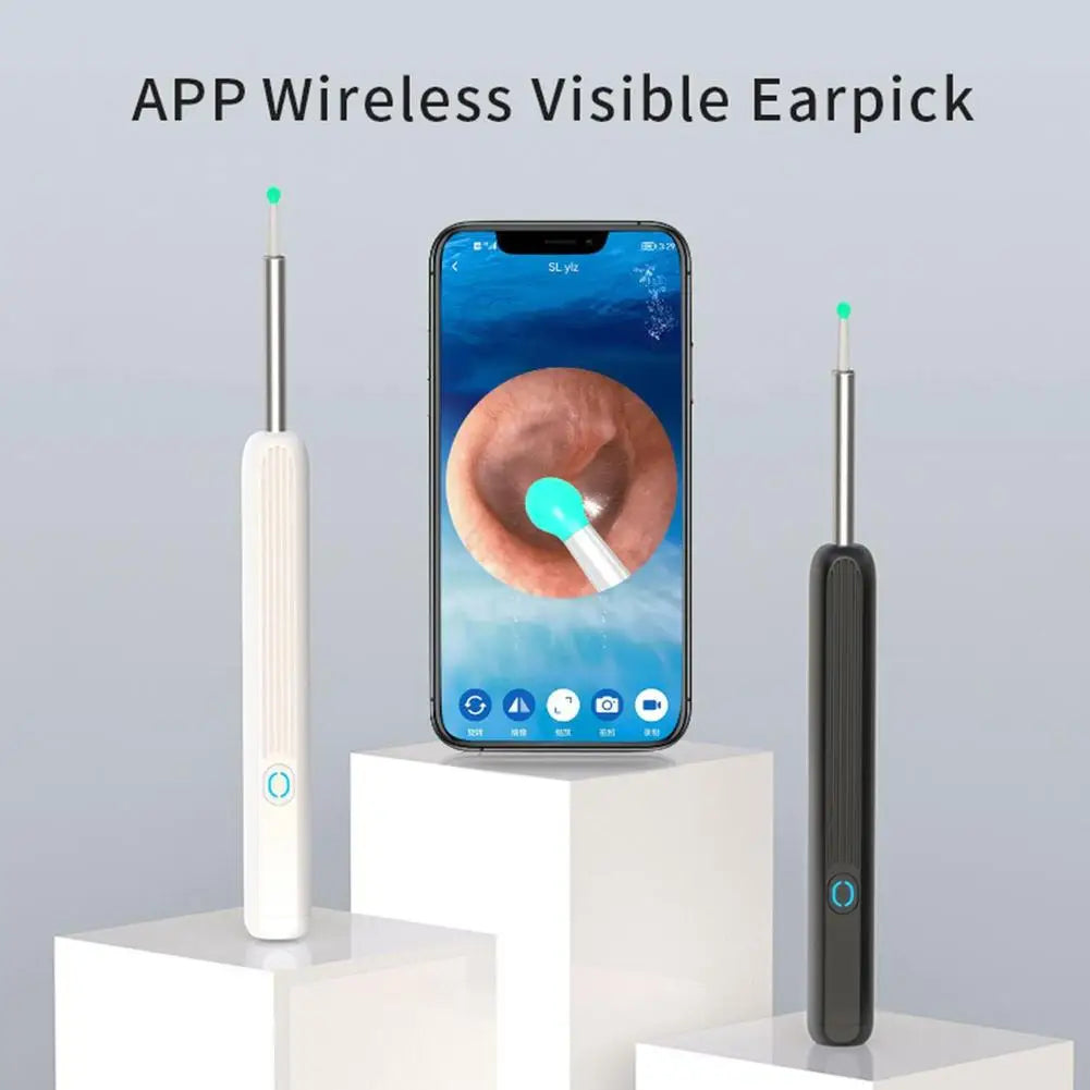A white and black replacement ear pick is shown next to an iPhone displaying a visual cleaning tool.