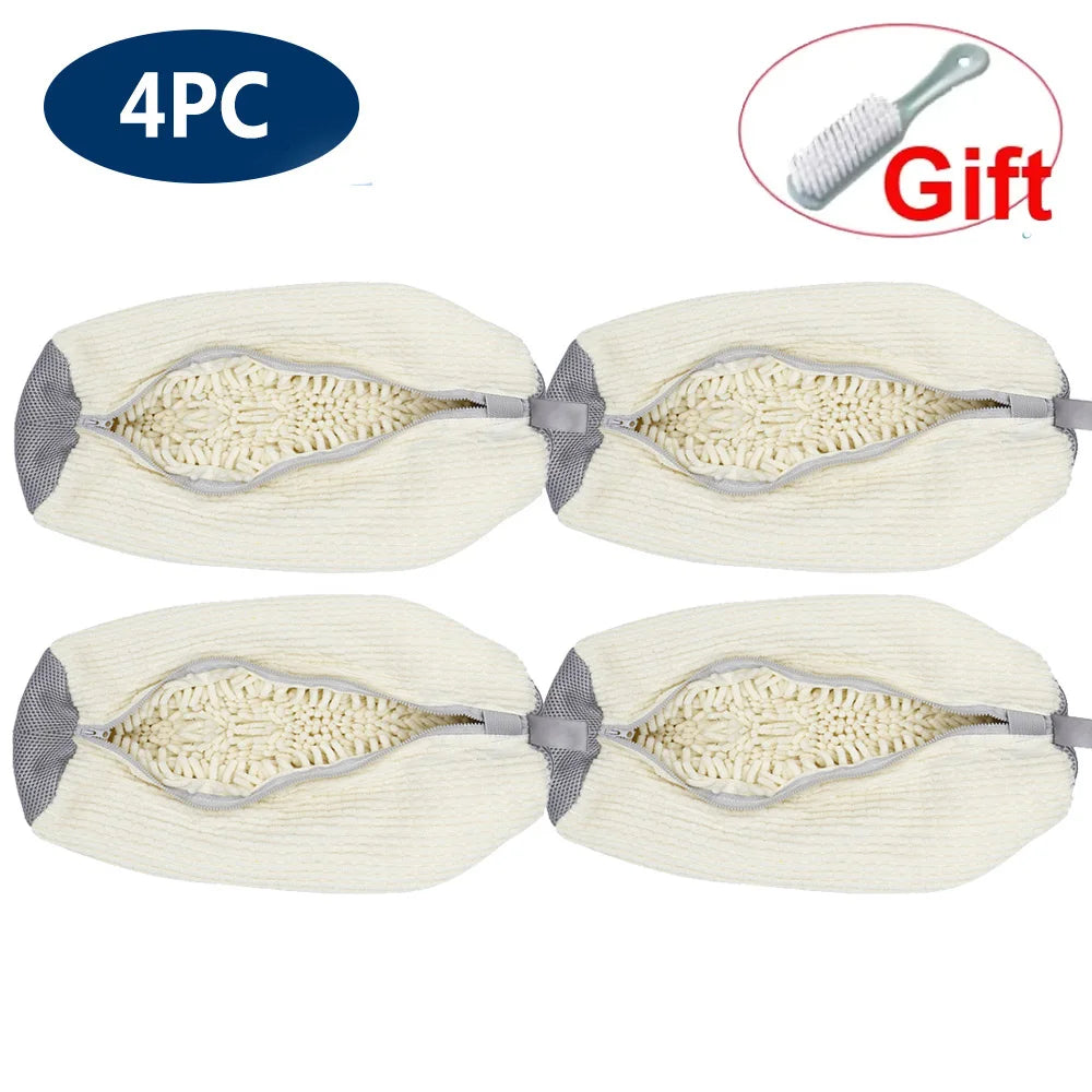 Four reusable mesh shoe laundry bags with a gift tag shown for washing shoes.