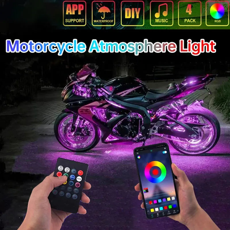 A motorcycle is illuminated with purple light, demonstrating the atmosphere light effect controlled by a smartphone and remot