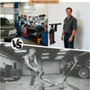Comparison image showing before and after of using heavy-duty floor jack stands with a wall mount rack for tool storage.