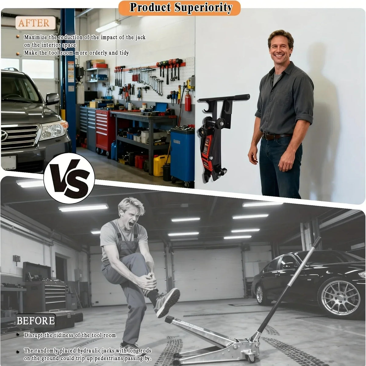 Comparison image showing before and after of using heavy-duty floor jack stands with a wall mount rack for tool storage.