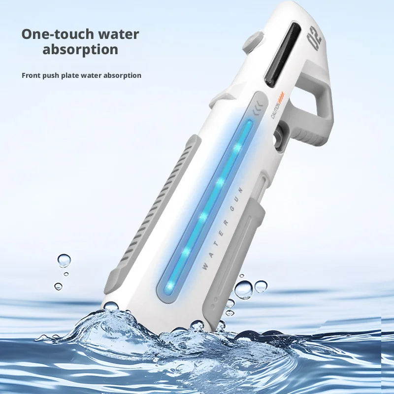 A white electric automatic water blaster is shown absorbing water, demonstrating one-touch water absorption.