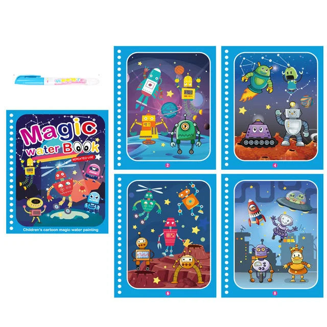 A set of six pages from a Magic Water Book featuring colorful cartoon characters and scenes for children's painting.