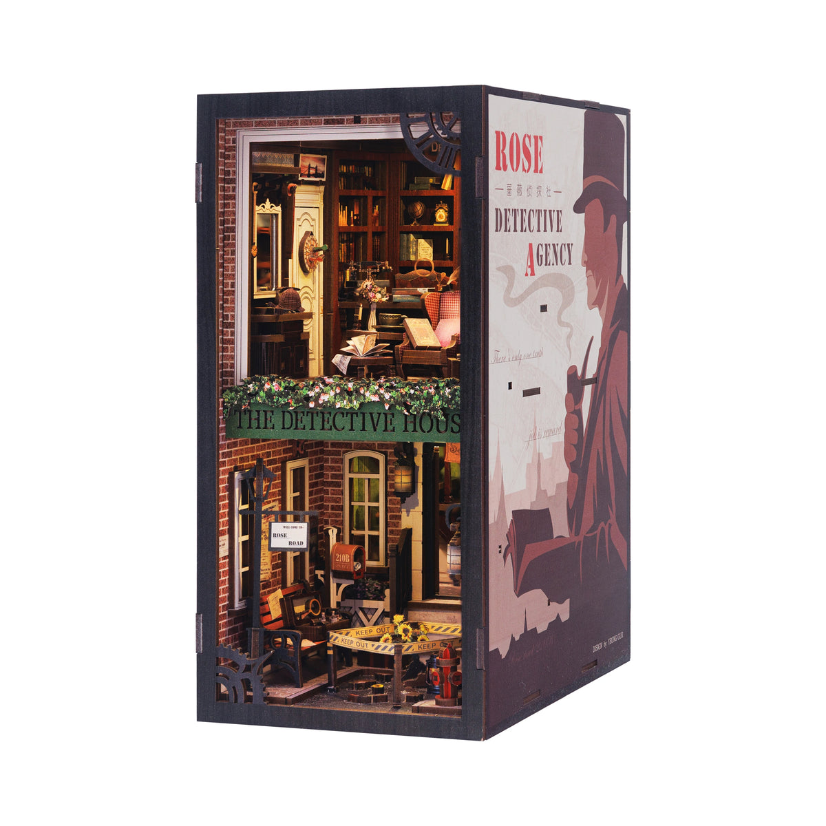 A box set for an Eternal Bookstore DIY Book Nook Kit featuring a detective agency theme with LED lighting.