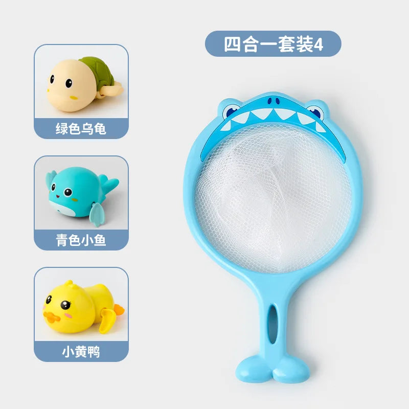 A set of four wind-up bath toys featuring a green turtle, a blue duck, a yellow whale, and another turtle.