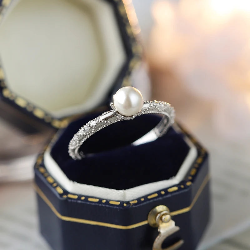 Vintage Palace-Style Pearl & Zircon Ring in Sterling Silver
