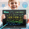 A young boy holds an LCD writing tablet showing a happy doodle of two cartoon characters.