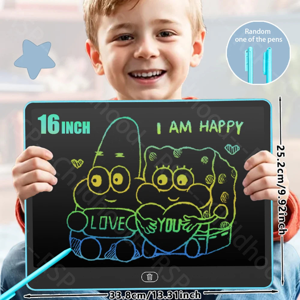 A young boy holds an LCD writing tablet showing a happy doodle of two cartoon characters.