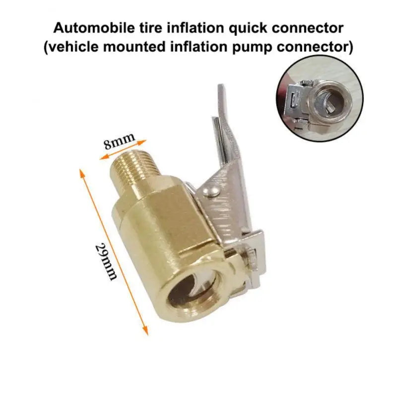 Brass automobile tire inflation quick connector featuring an 8mm threaded chuck and a clip for vehicle mounted pump connectio